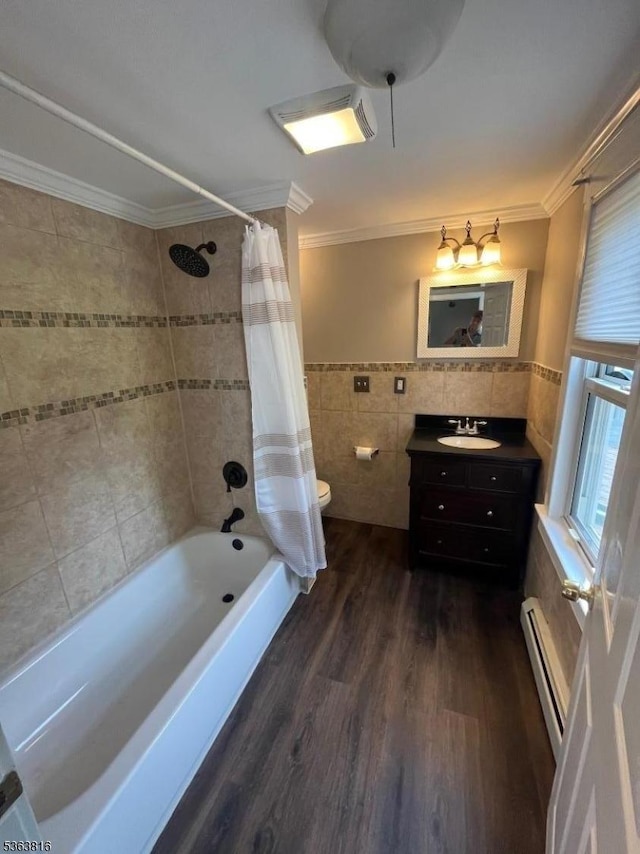 37 Cornish St, Washington Boro, NJ 07882 - full bath with a baseboard radiator, tile walls, ornamental molding, wood finished floors, and vanity