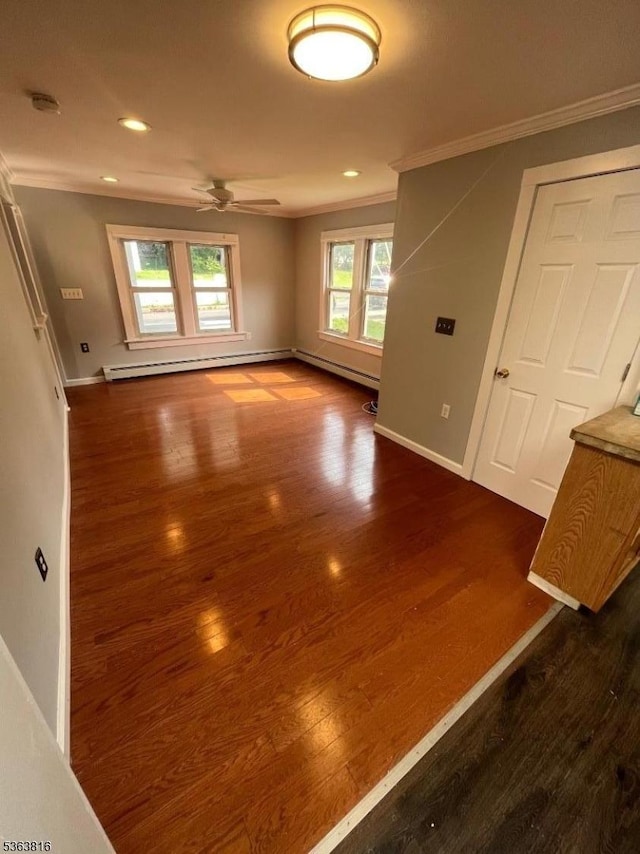 37 Cornish St, Washington Boro, NJ 07882 - spare room with ornamental molding, ceiling fan, dark wood-type flooring, a baseboard radiator, and recessed lighting
