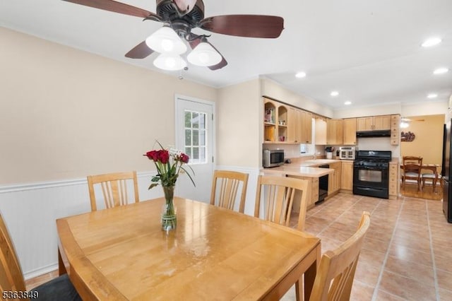 2001 Grant Ave, South Plainfield Boro, NJ 07080 - dining area with recessed lighting, light tile patterned floors, a ceiling fan, and wainscoting