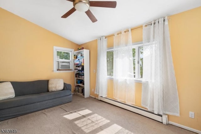 2001 Grant Ave, South Plainfield Boro, NJ 07080 - living room with a baseboard heating unit, carpet flooring, ceiling fan, and vaulted ceiling