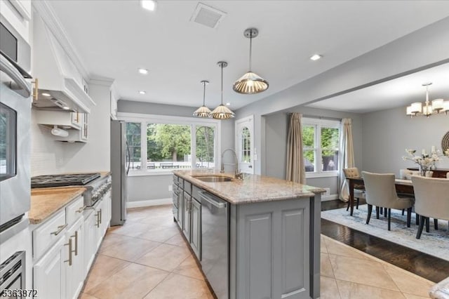 301 Diamond Hill Rd, Berkeley Heights Twp, NJ 07922 - kitchen featuring appliances with stainless steel finishes, light tile patterned flooring, white cabinetry, recessed lighting, and light stone countertops