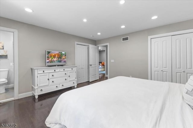 301 Diamond Hill Rd, Berkeley Heights Twp, NJ 07922 - bedroom with multiple closets, recessed lighting, dark wood-type flooring, and ensuite bath