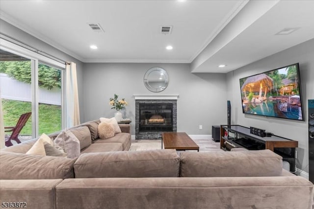 301 Diamond Hill Rd, Berkeley Heights Twp, NJ 07922 - living area featuring ornamental molding, recessed lighting, and a high end fireplace