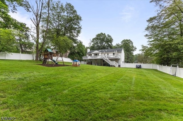 301 Diamond Hill Rd, Berkeley Heights Twp, NJ 07922 - fenced backyard featuring a playground, stairway, and a deck