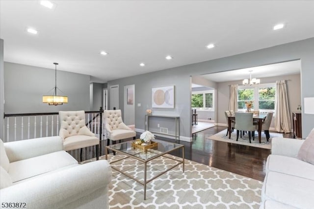 301 Diamond Hill Rd, Berkeley Heights Twp, NJ 07922 - living area featuring a chandelier, wood finished floors, and recessed lighting