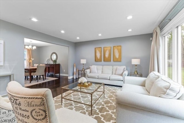 301 Diamond Hill Rd, Berkeley Heights Twp, NJ 07922 - living room with a chandelier, wood finished floors, and recessed lighting