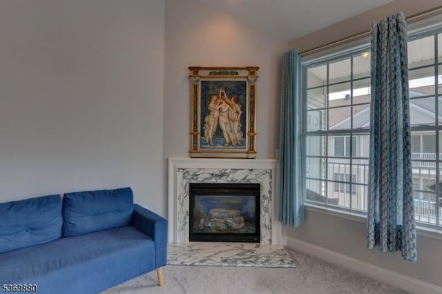 2409 Ramapo Ct, Riverdale Boro, NJ 07457 - living room featuring carpet flooring, lofted ceiling, and a fireplace