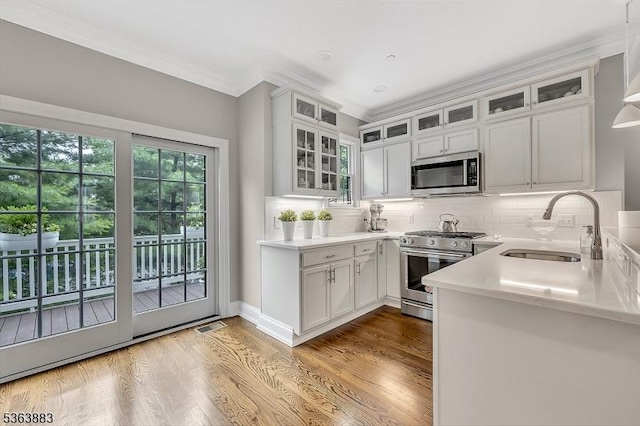 10 Central Ave Unit C, Caldwell Boro Twp, NJ 07006 - kitchen featuring stainless steel appliances, decorative backsplash, light countertops, and ornamental molding