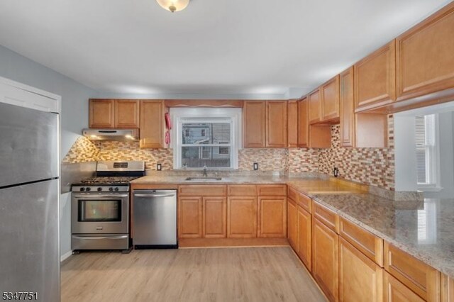 136 Willow St, Bloomfield Twp, NJ 07003 - kitchen with stainless steel appliances, under cabinet range hood, light wood-style floors, a sink, and decorative backsplash