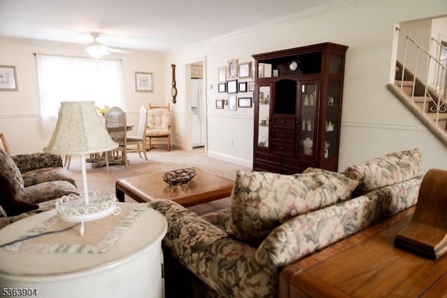 2 Monsey Rd, Raritan Twp, NJ 08822 - carpeted living room featuring ceiling fan, stairs, and crown molding