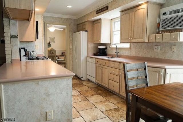 2 Monsey Rd, Raritan Twp, NJ 08822 - kitchen featuring white appliances, a sink, crown molding, light countertops, and ceiling fan