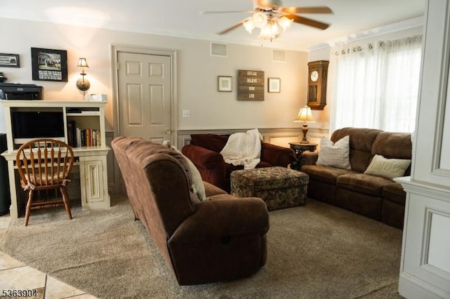 2 Monsey Rd, Raritan Twp, NJ 08822 - living room with crown molding, a ceiling fan, a wainscoted wall, and carpet flooring