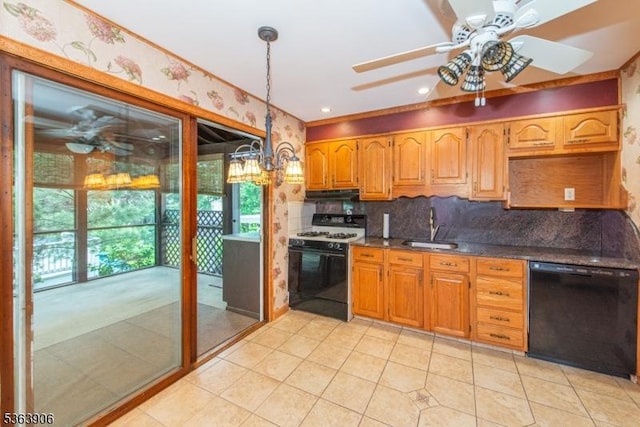 158 Fieldcrest Rd, Parsippany-Troy Hills Twp, NJ 07054 - kitchen featuring range with gas stovetop, black dishwasher, dark countertops, under cabinet range hood, and light tile patterned flooring