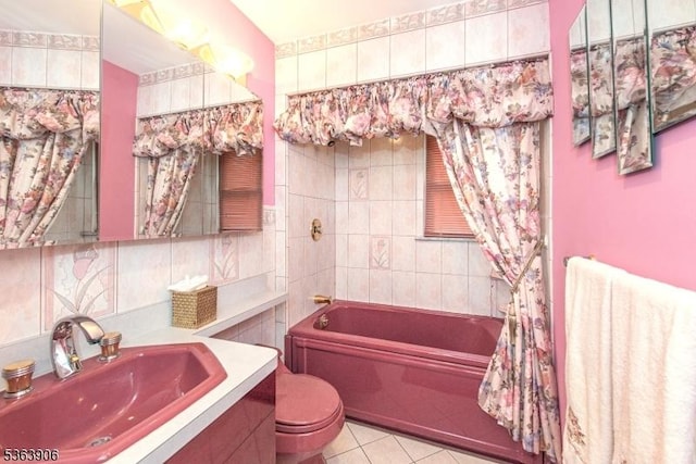 158 Fieldcrest Rd, Parsippany-Troy Hills Twp, NJ 07054 - bathroom with tile patterned floors, vanity, tile walls, and bathing tub / shower combination