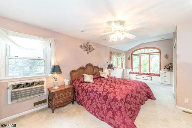 158 Fieldcrest Rd, Parsippany-Troy Hills Twp, NJ 07054 - carpeted bedroom featuring a wall mounted AC, multiple windows, vaulted ceiling, and ceiling fan