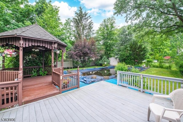158 Fieldcrest Rd, Parsippany-Troy Hills Twp, NJ 07054 - deck with a gazebo, view of wooded area, and a swimming pool