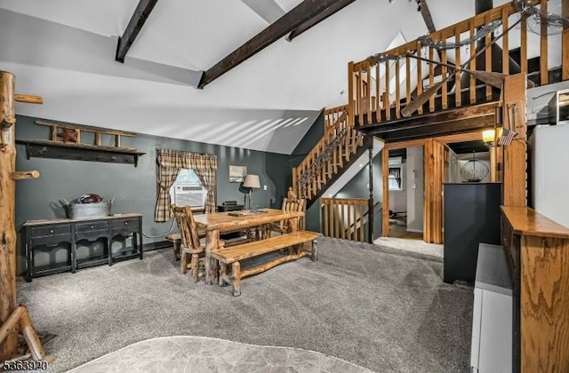 23 Panorama Dr, Vernon Twp, NJ 07461 - living room with high vaulted ceiling, beamed ceiling, and stairway