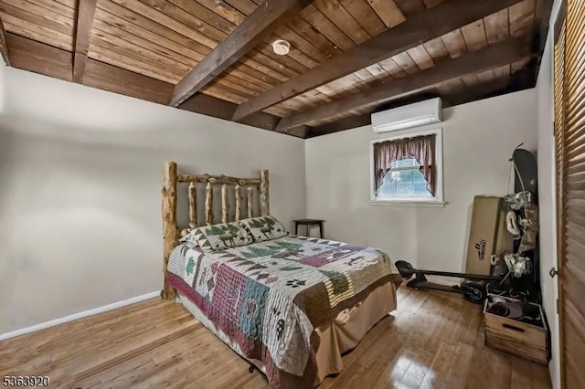 23 Panorama Dr, Vernon Twp, NJ 07461 - bedroom featuring a wall mounted AC, a wood ceiling with exposed beams, and wood finished floors