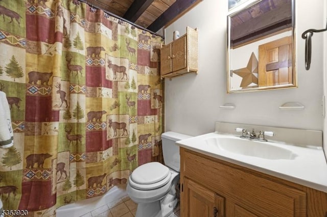 23 Panorama Dr, Vernon Twp, NJ 07461 - full bath featuring vanity, tile patterned floors, a shower with shower curtain, and a wooden ceiling with exposed beams