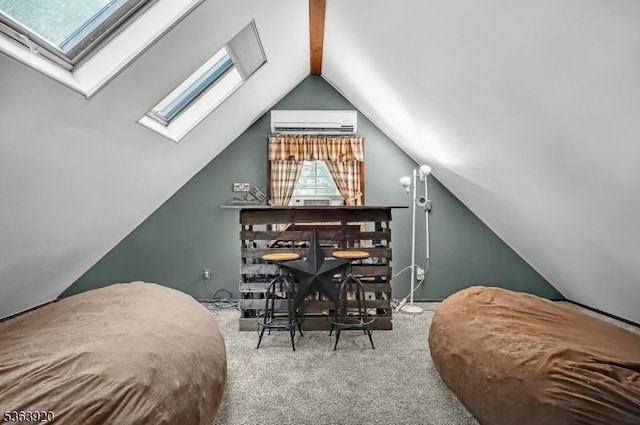 23 Panorama Dr, Vernon Twp, NJ 07461 - carpeted bedroom with a skylight, an AC wall unit, and lofted ceiling