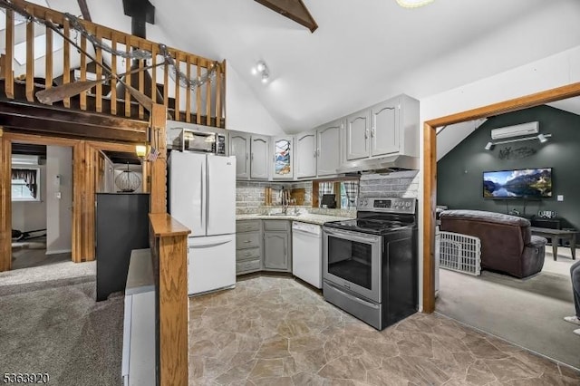 23 Panorama Dr, Vernon Twp, NJ 07461 - kitchen with white appliances, under cabinet range hood, gray cabinets, light countertops, and high vaulted ceiling