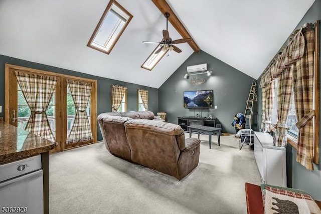 23 Panorama Dr, Vernon Twp, NJ 07461 - living area with a skylight, light carpet, and a ceiling fan