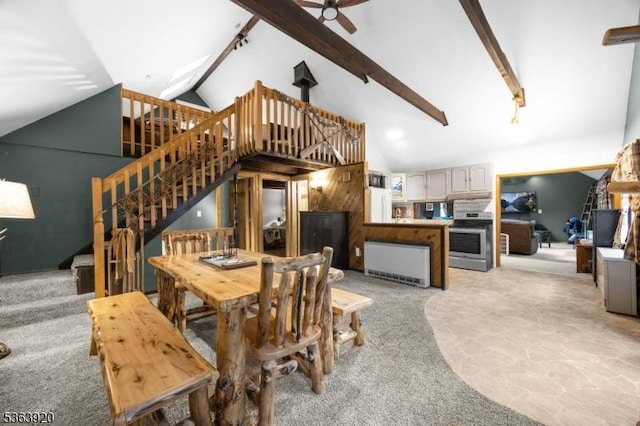 23 Panorama Dr, Vernon Twp, NJ 07461 - dining room featuring light colored carpet, stairway, beamed ceiling, high vaulted ceiling, and a ceiling fan