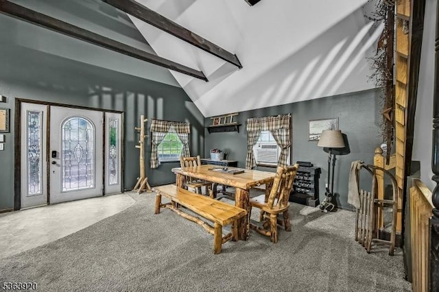23 Panorama Dr, Vernon Twp, NJ 07461 - carpeted dining room with beamed ceiling, high vaulted ceiling, and cooling unit