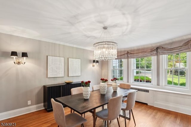 75 Farley Rd, Millburn Twp, NJ 07078 - dining area with radiator heating unit, ornamental molding, a chandelier, and light wood finished floors