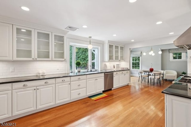75 Farley Rd, Millburn Twp, NJ 07078 - kitchen featuring stainless steel dishwasher, dark countertops, white cabinetry, pendant lighting, and recessed lighting