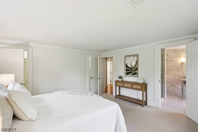 75 Farley Rd, Millburn Twp, NJ 07078 - bedroom featuring crown molding, light carpet, and ensuite bathroom