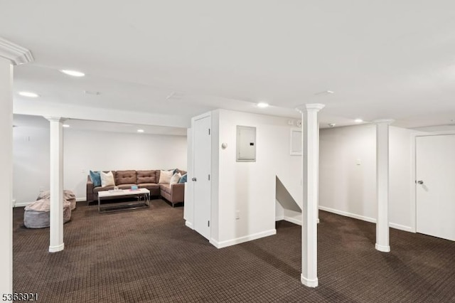 75 Farley Rd, Millburn Twp, NJ 07078 - finished basement with carpet flooring, electric panel, and recessed lighting