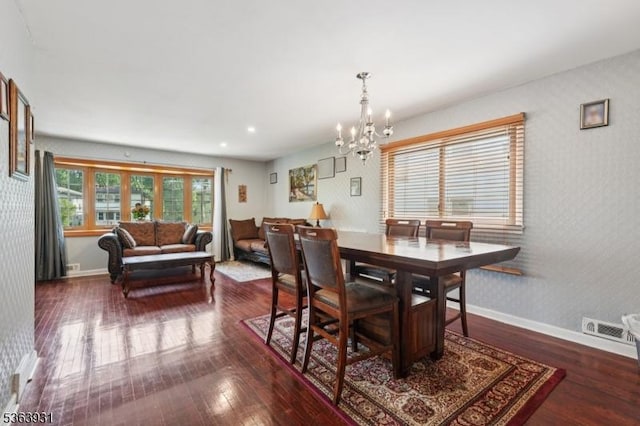 9 Lee Ct, Maplewood Twp, NJ 07040 - dining room with a chandelier, hardwood / wood-style flooring, wallpapered walls, and recessed lighting