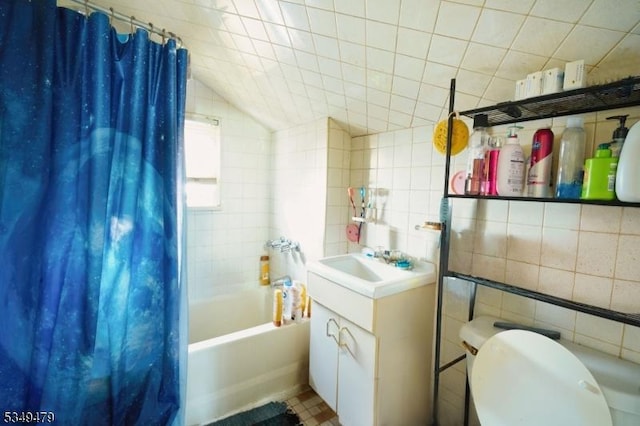 63 Grove St, Bloomfield Twp, NJ 07003 - full bathroom featuring tile walls, vanity, and shower / bathtub combination with curtain