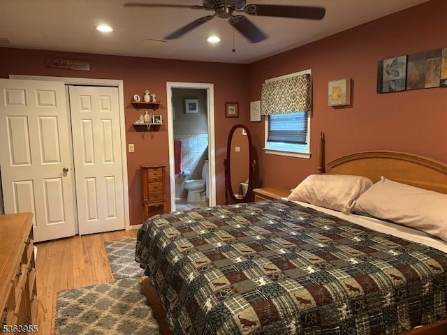 85 Stonehenge Ter, Clark Twp, NJ 07066 - bedroom with light wood-style flooring, a ceiling fan, connected bathroom, recessed lighting, and a closet