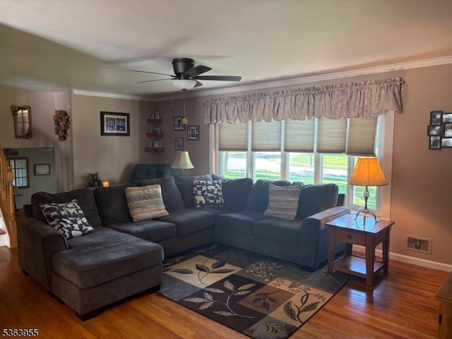 85 Stonehenge Ter, Clark Twp, NJ 07066 - living room with ornamental molding, wood finished floors, and a ceiling fan
