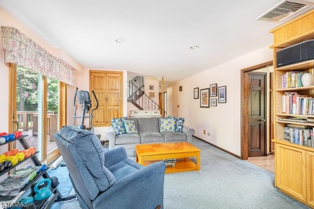 46 Deerfield Dr, Hardyston Twp, NJ 07416 - living room featuring stairway, light carpet, and recessed lighting