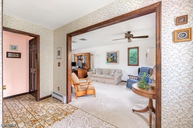 46 Deerfield Dr, Hardyston Twp, NJ 07416 - living room featuring a baseboard heating unit, wallpapered walls, and ceiling fan