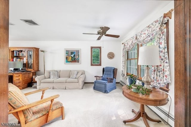 46 Deerfield Dr, Hardyston Twp, NJ 07416 - living room featuring a baseboard heating unit, a ceiling fan, and carpet floors