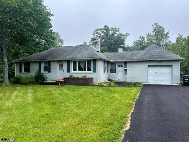 30 Bennington Pkwy, Franklin Twp, NJ 08823 - ranch-style house with an attached garage, a chimney, a front yard, asphalt driveway, and a shingled roof