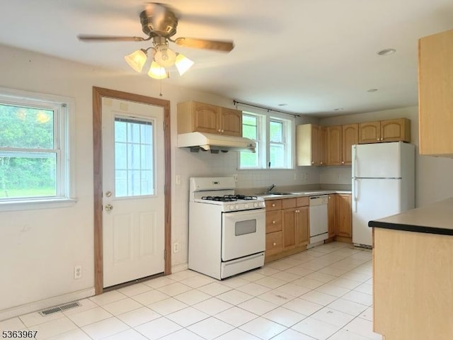 30 Bennington Pkwy, Franklin Twp, NJ 08823 - kitchen featuring white appliances, under cabinet range hood, decorative backsplash, a ceiling fan, and light brown cabinetry