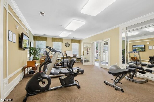 5003 Brookfield Glen Dr, White Twp, NJ 07823 - exercise room featuring ornamental molding, carpet, and french doors
