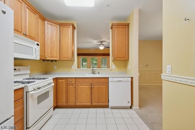 5003 Brookfield Glen Dr, White Twp, NJ 07823 - kitchen featuring white appliances, light countertops, a ceiling fan, and light colored carpet