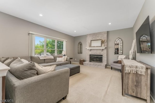 1611 Adams Dr, Greenwich Twp, NJ 08886 - living room featuring light colored carpet, a fireplace, and recessed lighting