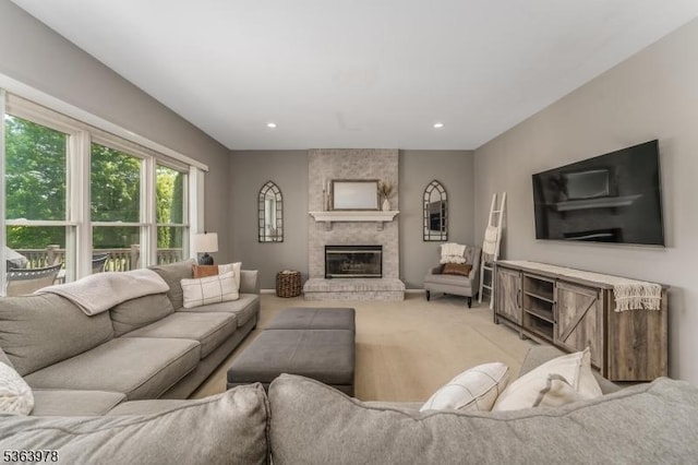 1611 Adams Dr, Greenwich Twp, NJ 08886 - living room featuring a fireplace, light colored carpet, and recessed lighting