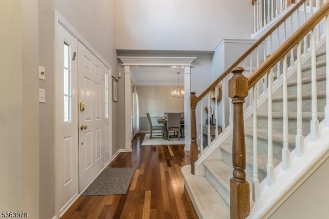 1611 Adams Dr, Greenwich Twp, NJ 08886 - foyer entrance featuring hardwood / wood-style floors, stairway, ornamental molding, and a chandelier