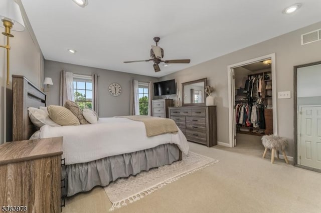 1611 Adams Dr, Greenwich Twp, NJ 08886 - bedroom featuring a walk in closet, light colored carpet, recessed lighting, a ceiling fan, and a closet