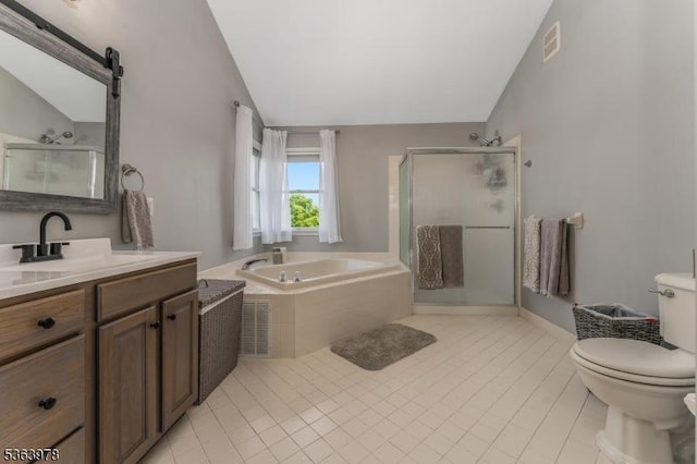 1611 Adams Dr, Greenwich Twp, NJ 08886 - bathroom featuring a garden tub, a stall shower, vanity, tile patterned flooring, and vaulted ceiling