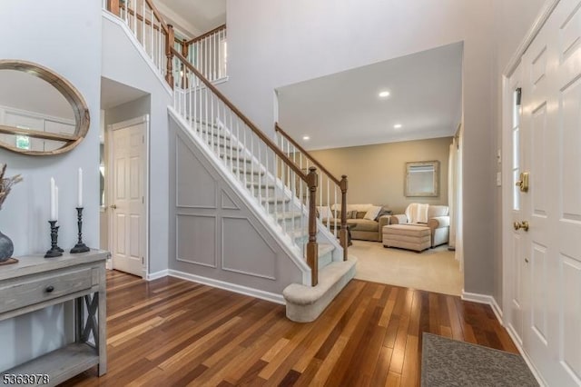 1611 Adams Dr, Greenwich Twp, NJ 08886 - foyer featuring stairway, wood finished floors, a towering ceiling, and recessed lighting