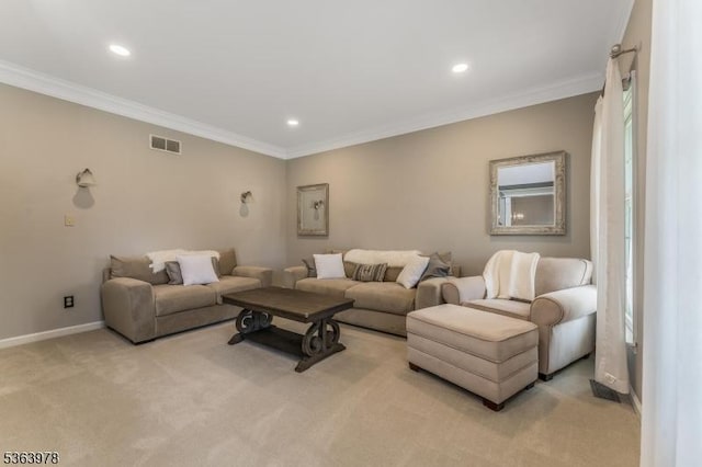 1611 Adams Dr, Greenwich Twp, NJ 08886 - living area with light colored carpet, ornamental molding, and recessed lighting